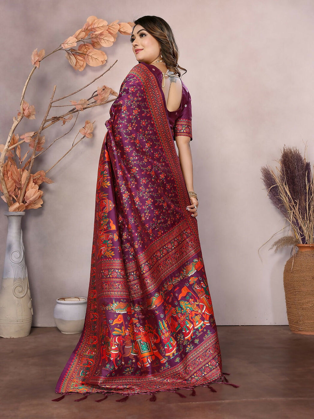 Joban Fashion Wine Meena Weaves Pashmina Sarees | Grocsy