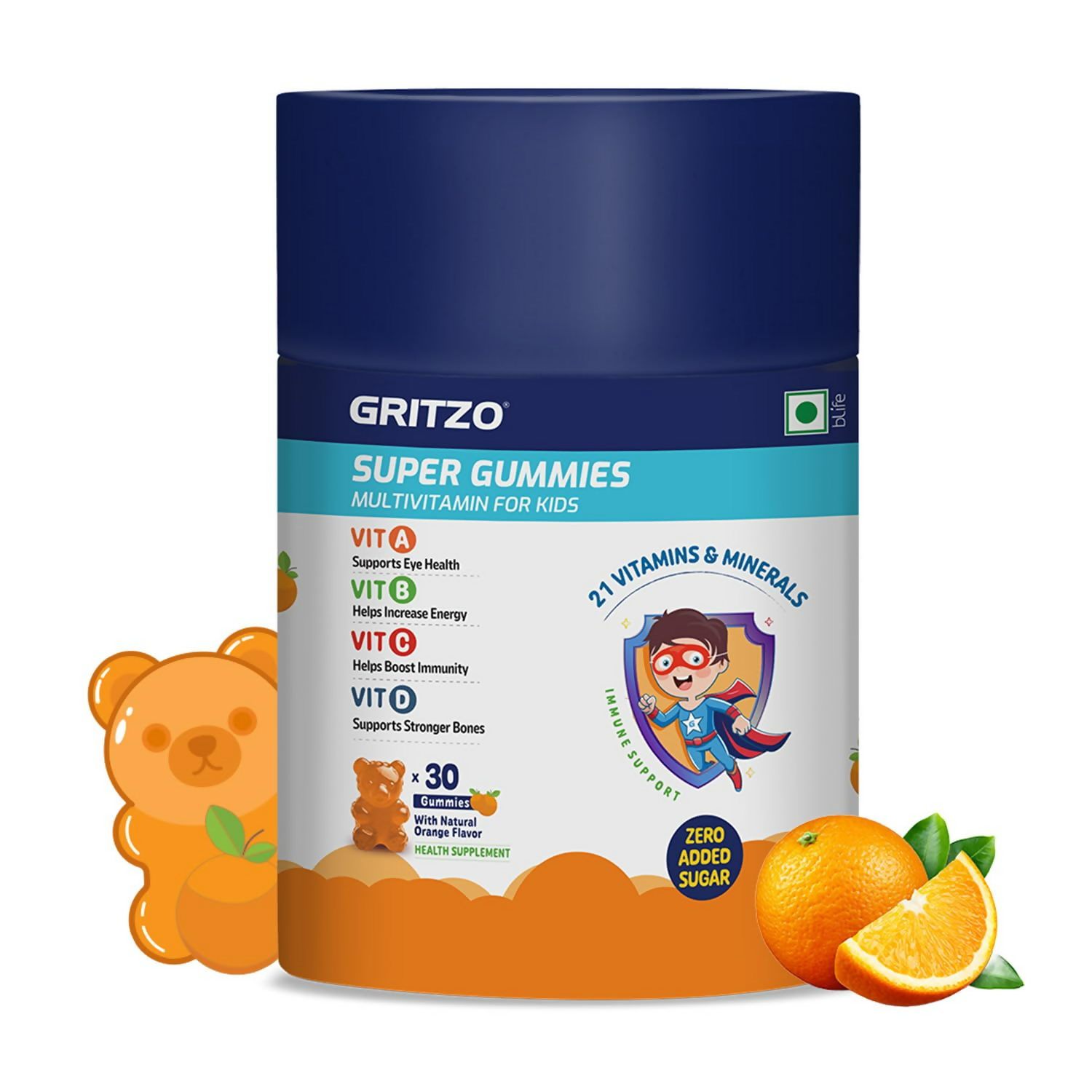 Gritzo Super Gummies, Multivitamin for Kids (Natural Orange Flavour) | Grocsy