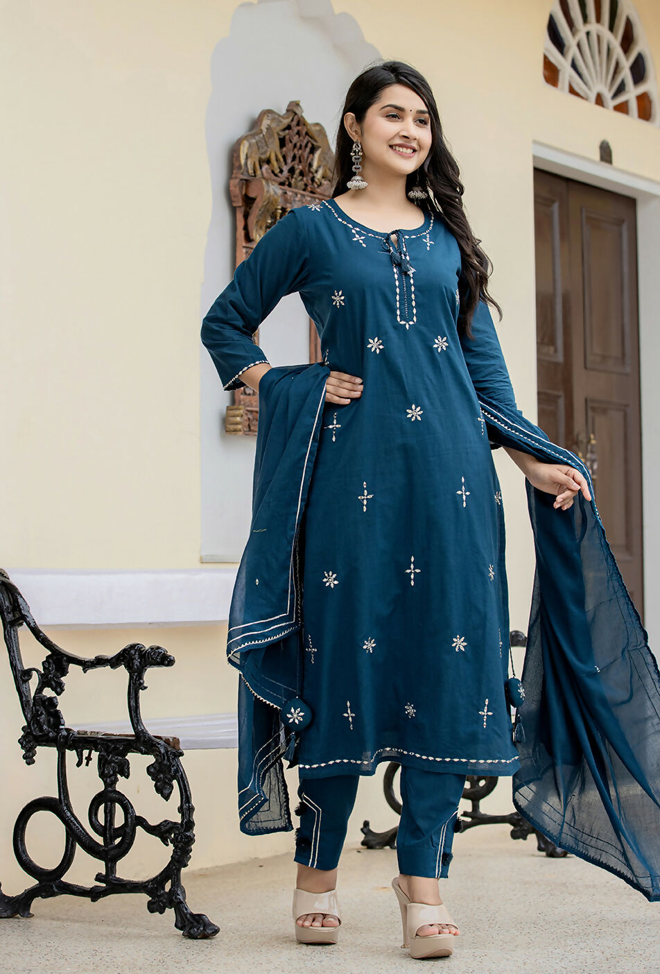 Kaajh Women's Navy Blue Mirror Embellished Cotton Suit Set | Grocsy