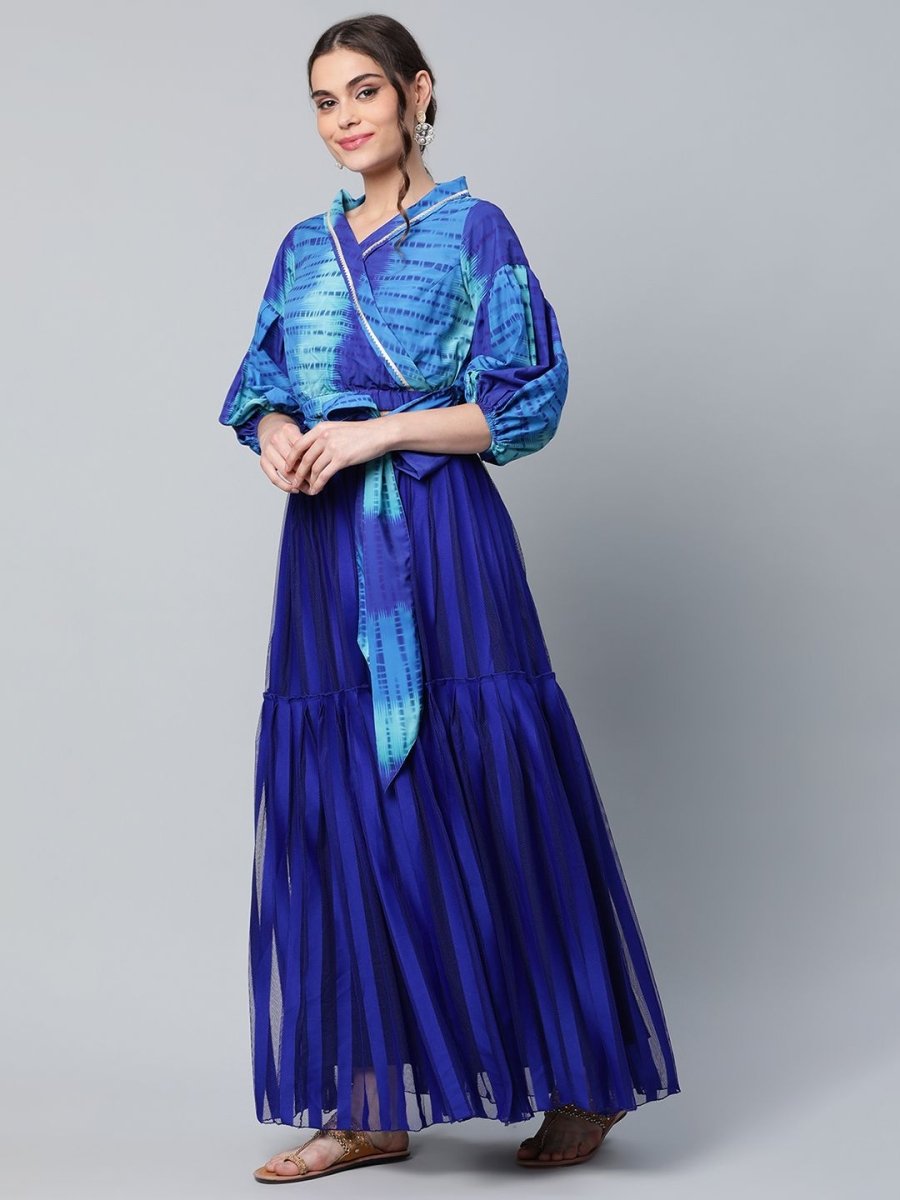 Ahalyaa Women Stunning Blue Crepe Printed Top with Skirt | Grocsy