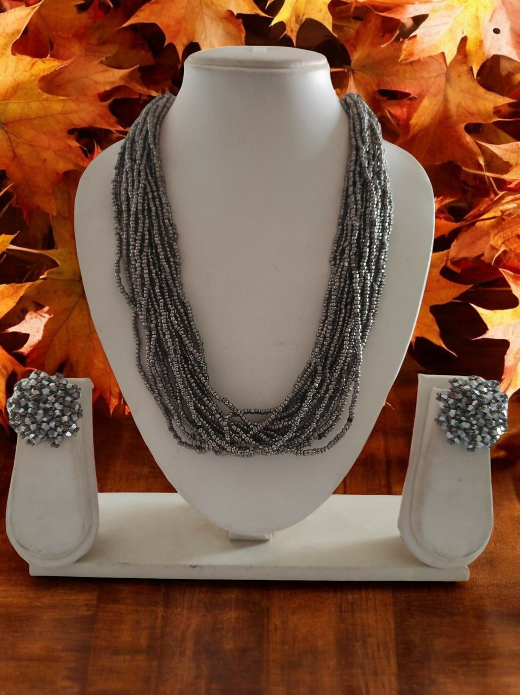 Inhanns Vibrant Handmade 20 Layers Beaded Necklace With Matching Earrings - Gray | Grocsy