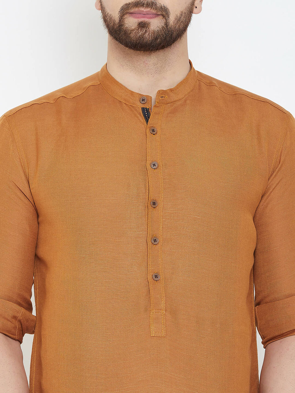 Even Apparels Brown Linen Men's Kurta With Band Collar | Grocsy