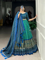 Vastranavya Bandhej And Ajarakh Print Tussar Silk Lehenga Choli - Green | Grocsy