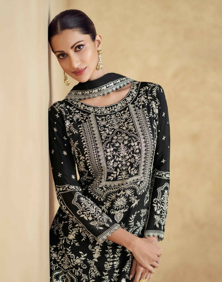 Vastranavya Black Chinon Silk Embroidered Sequins Pakistani Straight Pant Suit | Grocsy