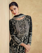 Vastranavya Black Chinon Silk Embroidered Sequins Pakistani Straight Pant Suit | Grocsy