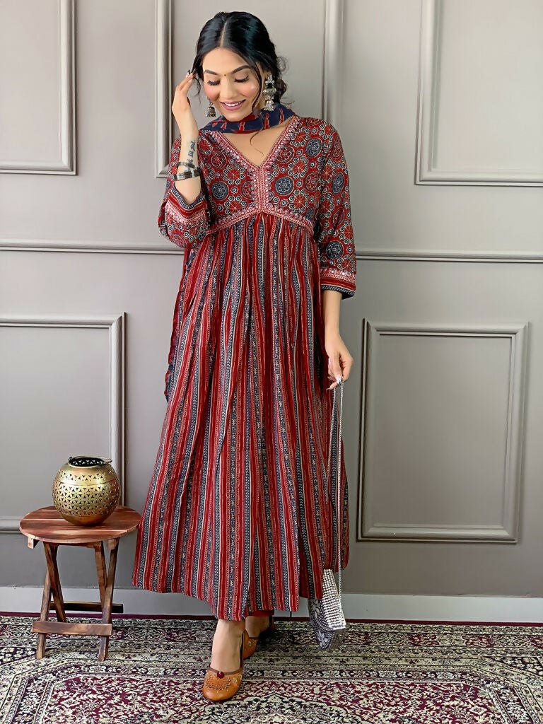 Partywear Designer Cotton Maroon Stitched Suit With Dupatta - Tanisha | Grocsy