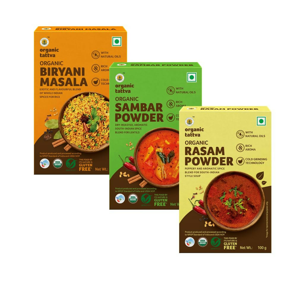 Organic Tattva South-Indian Masala Combo (100 Gm Each)- Sambar Powder, Rasam and Biryani Masala | Grocsy