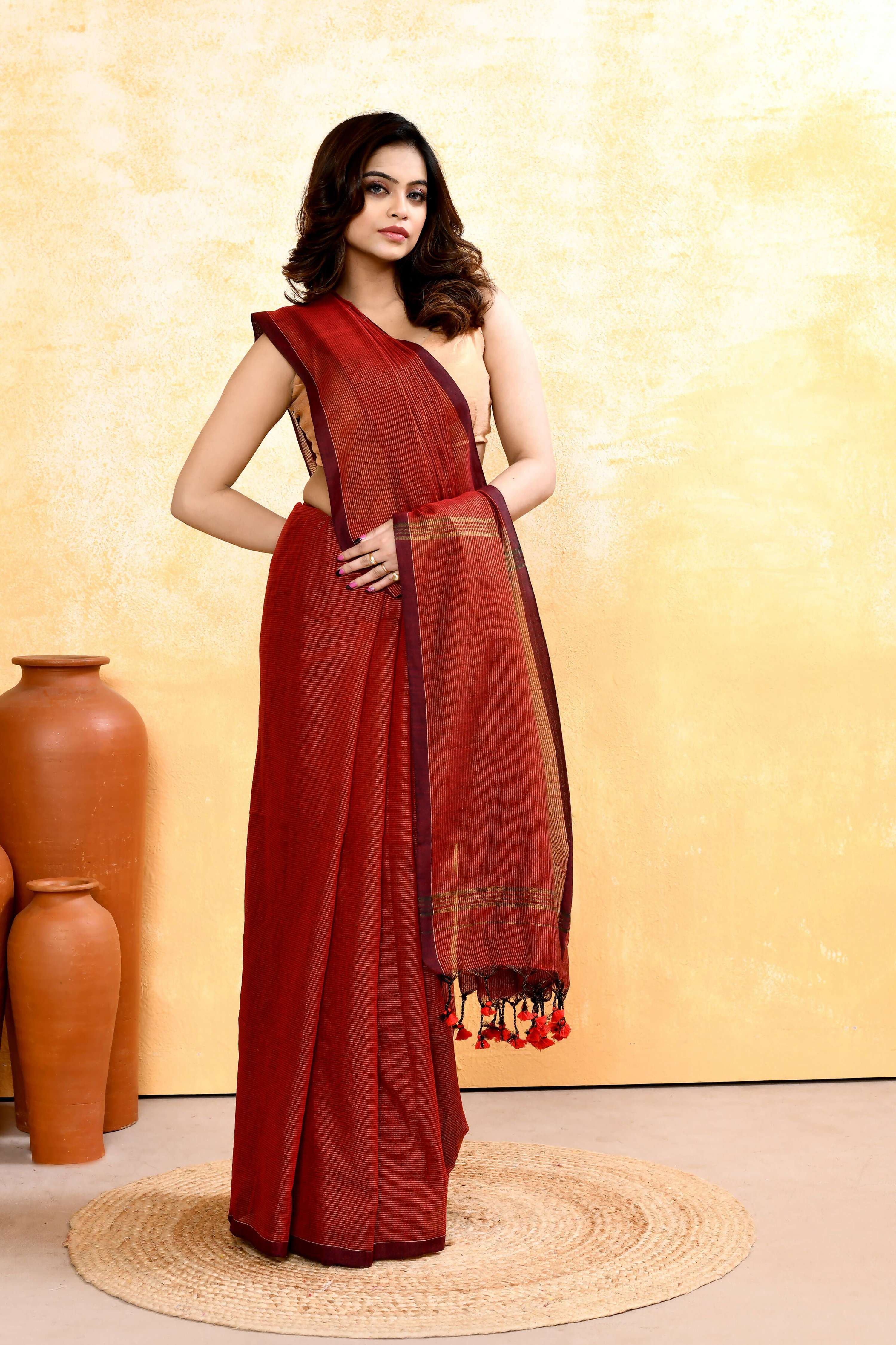 Piyari Fashion Women's Maroon Embellished Cotton Blend Zari Check Handloom Saree | Grocsy