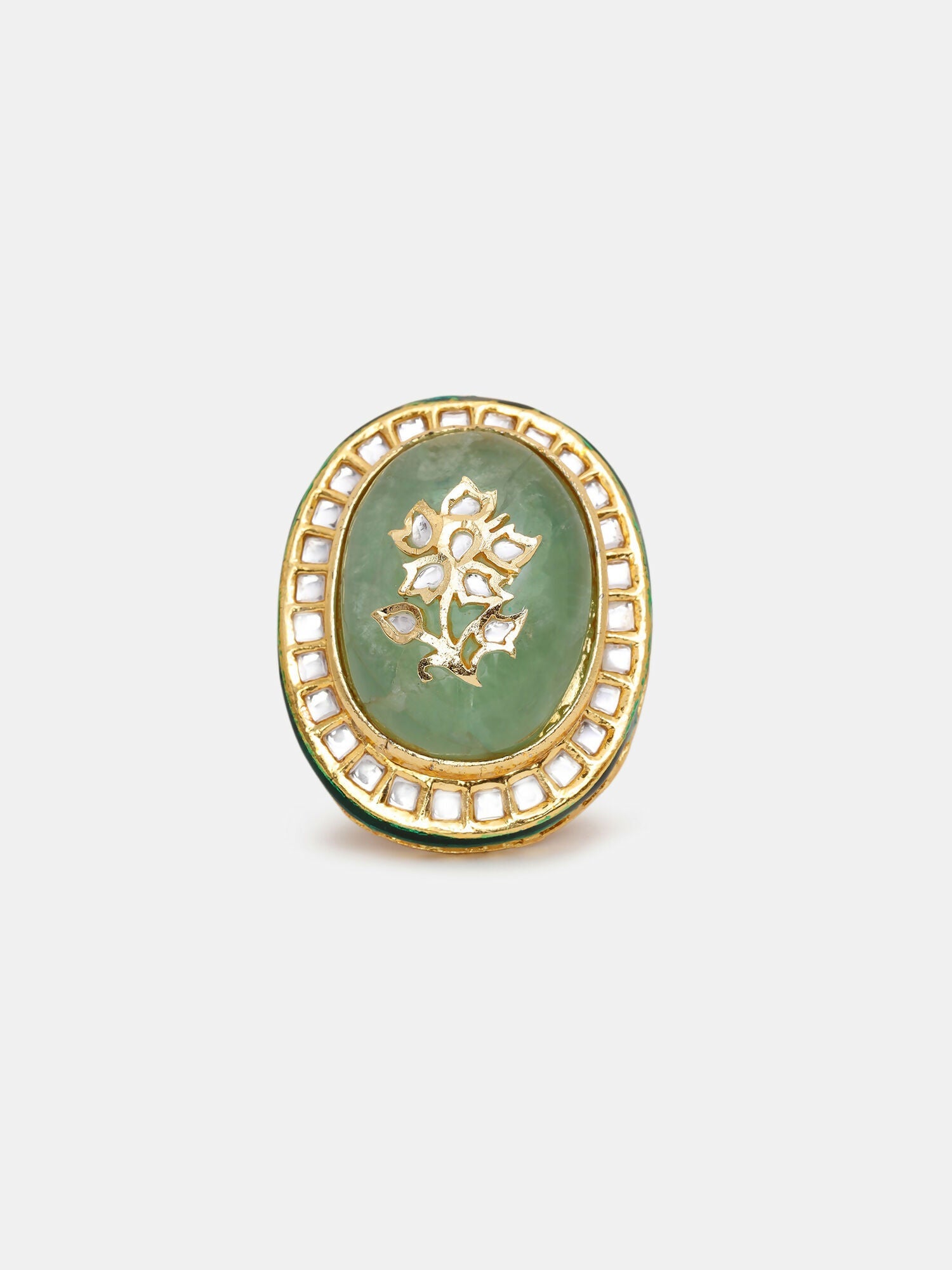 Ruby Raang Gold Polished Green Kundan And Stone Ring | Grocsy