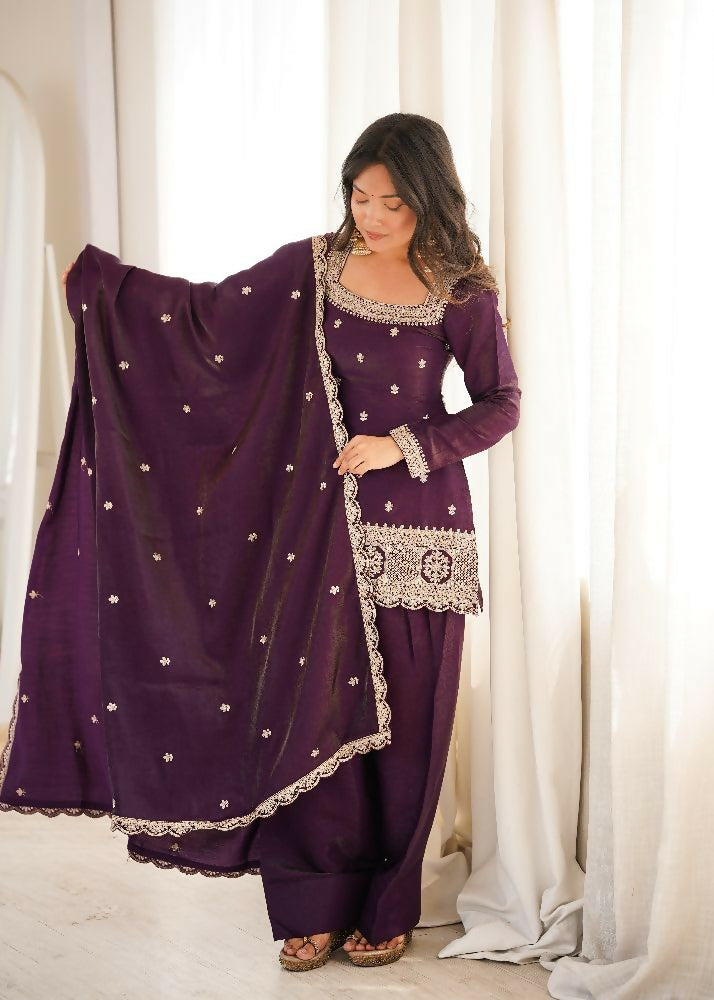 Teeya Creation Deep Wine Embroidered Festive Salwar Suit Set | Grocsy