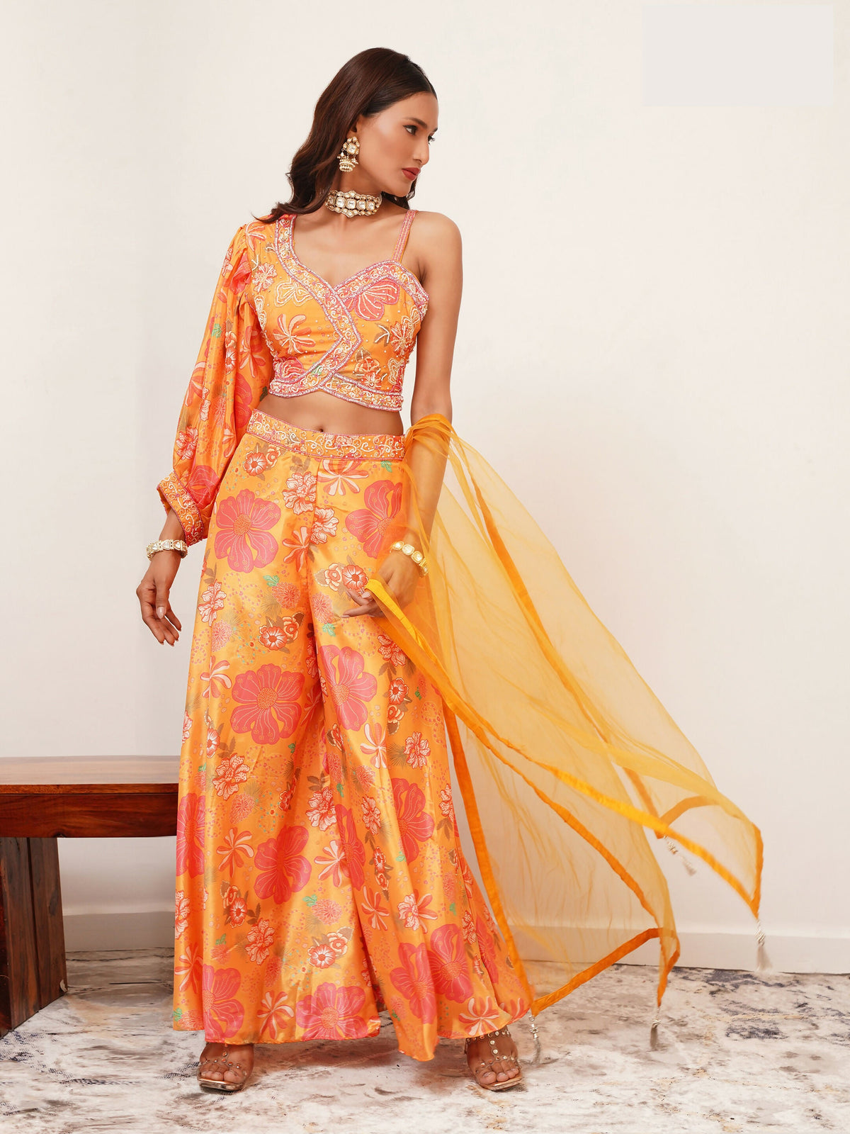 Orange Digital Chinon Handwork Top with Palazzo & Dupatta - Naomika | Grocsy