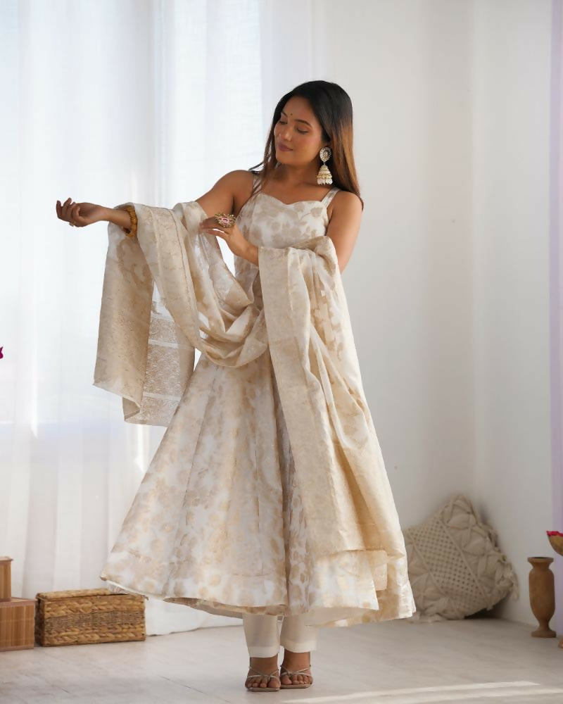 Lehenga Mart Designer Anarkali Suit With Kurta, Pant, Dupatta For Women-Off White | Grocsy