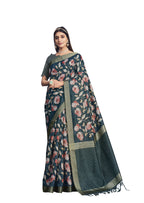 Teal Tusser Silk Floral Printed With Sequence Embroidered Saree With Unstitched Blouse - Mohmanthan Aahana | Grocsy