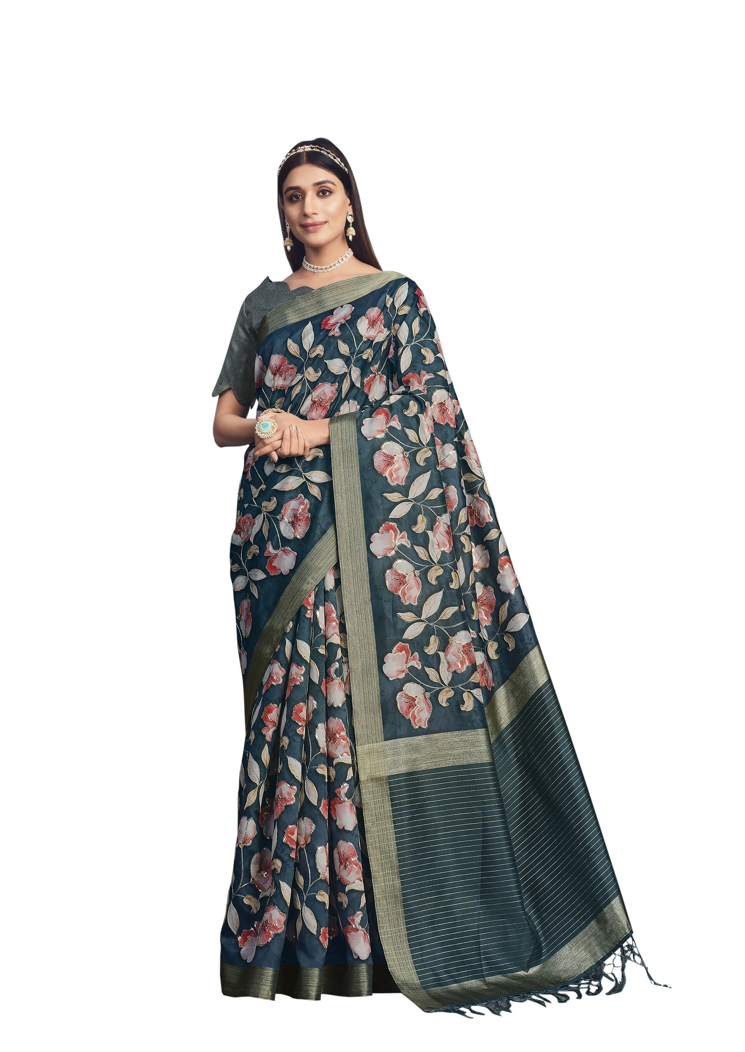 Teal Tusser Silk Floral Printed With Sequence Embroidered Saree With Unstitched Blouse - Mohmanthan Aahana | Grocsy