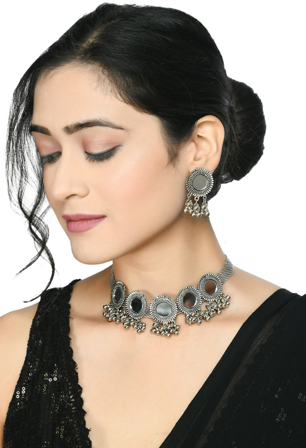 Mominos Fashion Johar Kamal Silver-Plated Brass Finish Mirror Work Women Choker | Grocsy