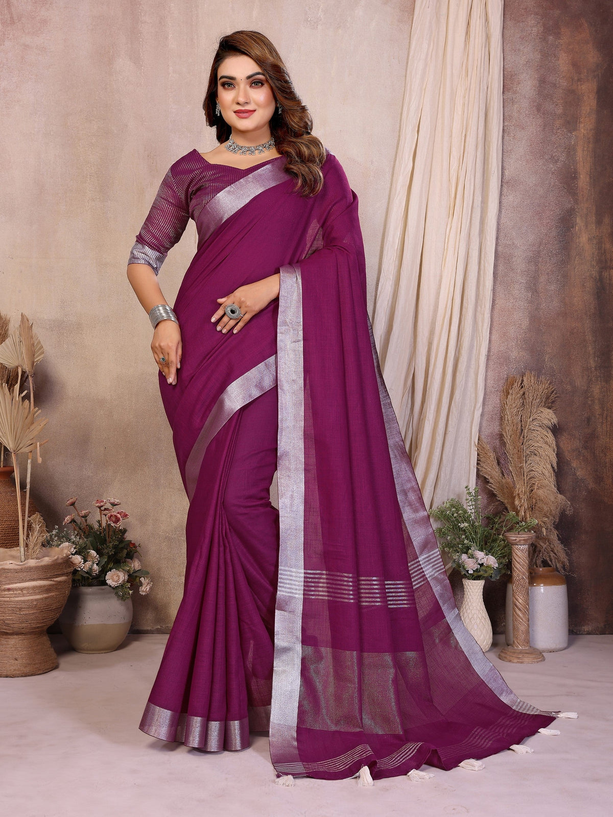 Anaita Purple Weaving Linen Cotton Saree With Blouse | Grocsy