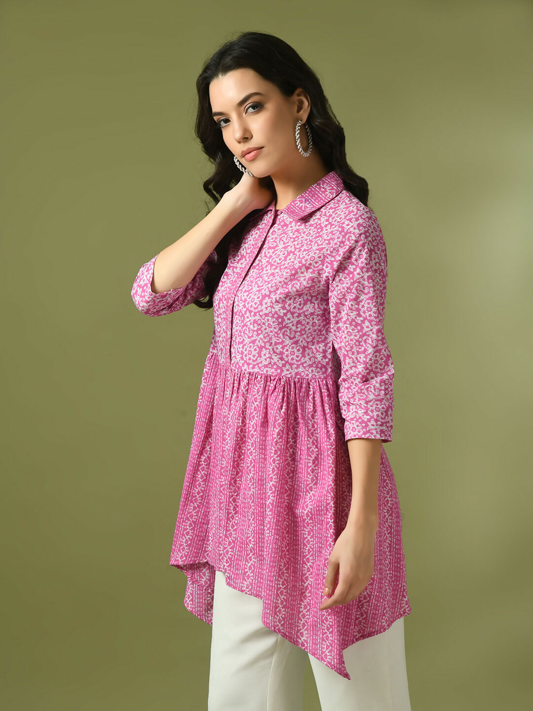 Myshka Women's Pink Embellished Cotton Gathered Party Empire Top | Grocsy
