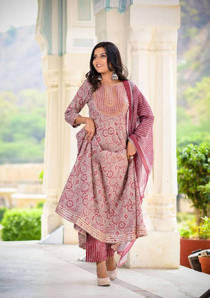 Yufta Women Maroon Printed Kurta with Palazzo and Dupatta | Grocsy