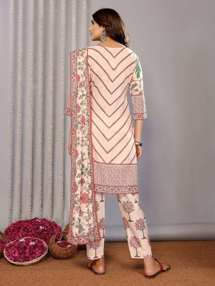 Joban Fashion Women Cream Linen Printed Stitched Kurta Set | Grocsy