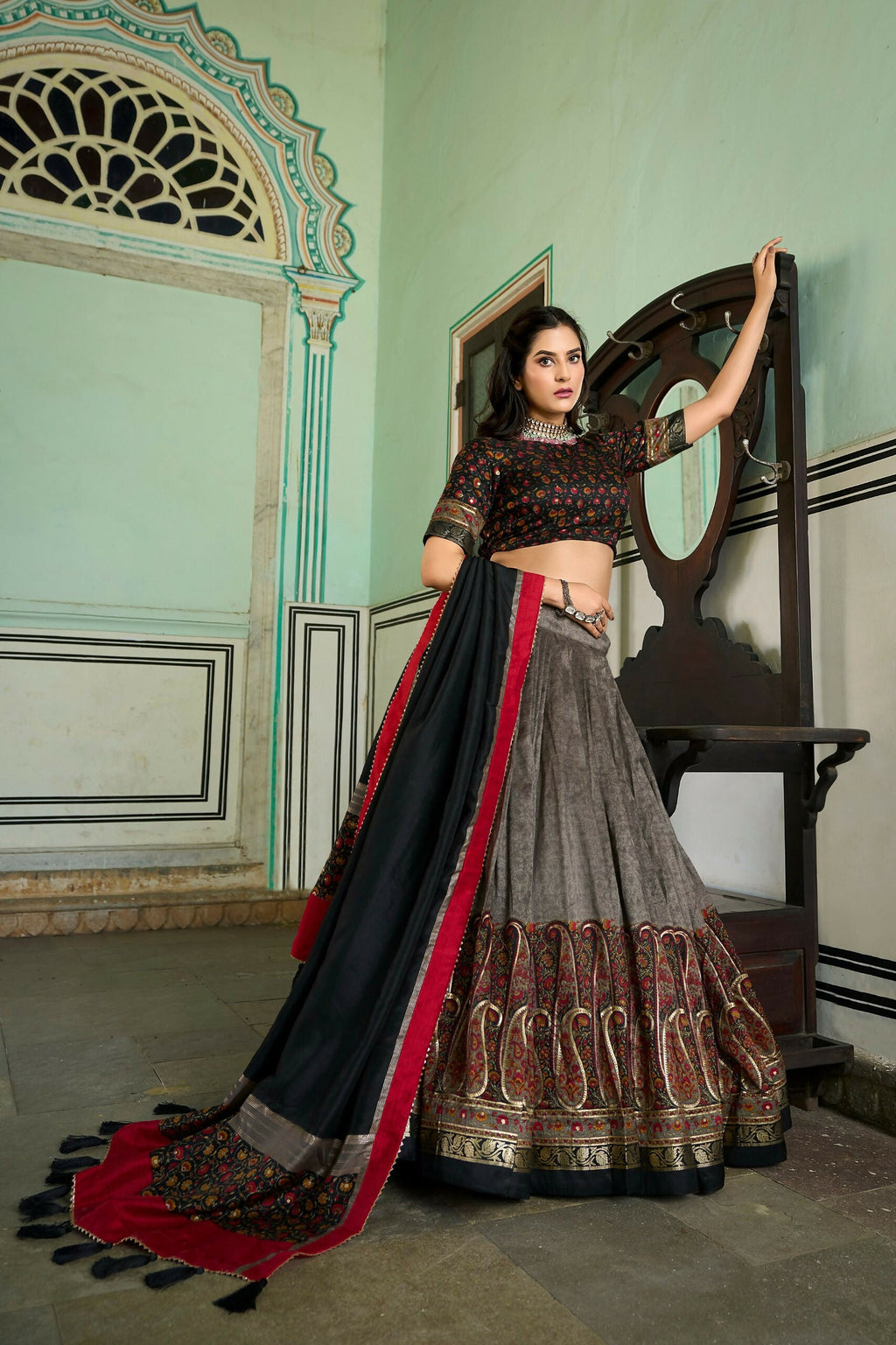 Vastranavya Kashmiri Print With Foil Print Lehenga With Unstitched Printed Blouse - Grey | Grocsy