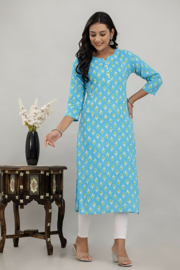 Alvano Printed Straight Kurta for Women and Girls Rayon (Lightblue) | Grocsy