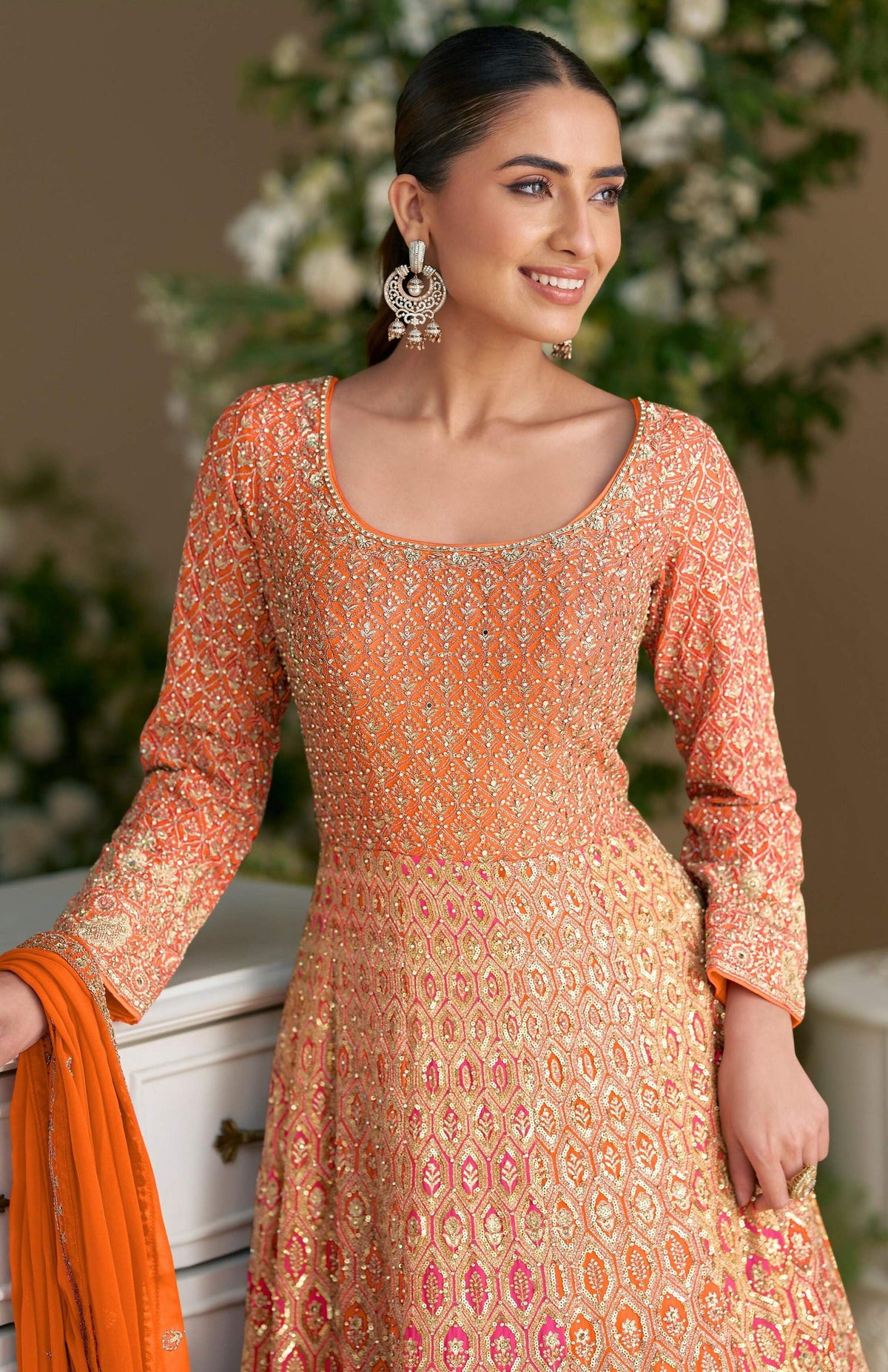Anaita Orange Georgette Readymade Anarkali Suit with Embroidery Zarkan Work | Grocsy