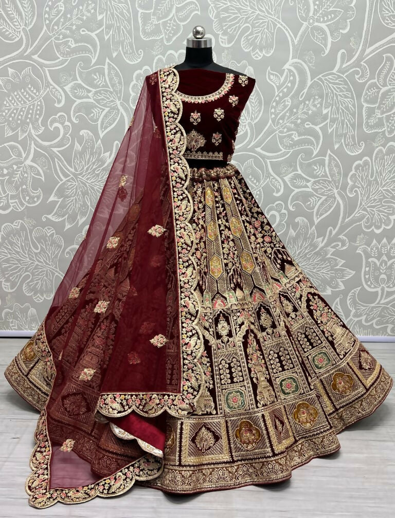 Jyoti Fashion Women's Maroon Velvet Dori, Multi Thread Embroidered with Diamond Work Wedding Lehenga Choli | Grocsy