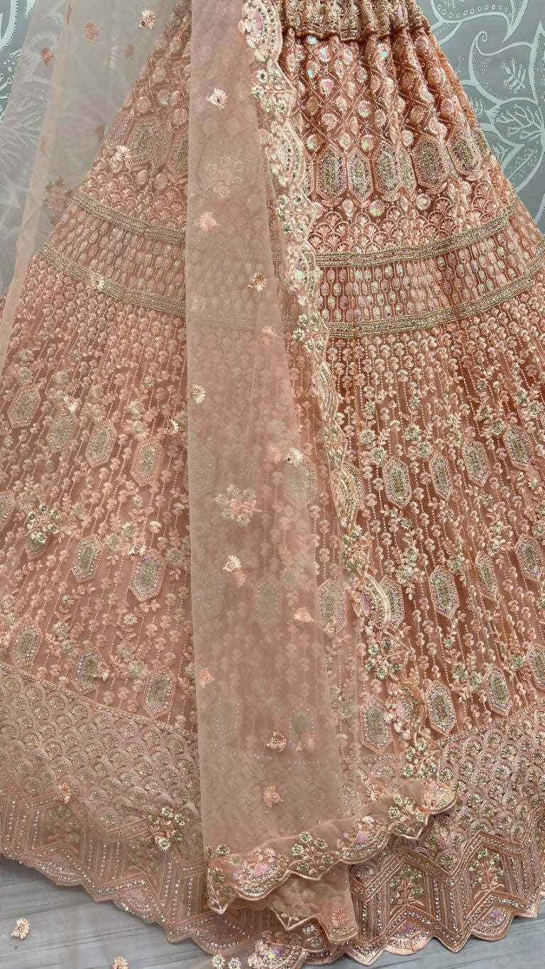 Jyoti Fashion Women's Peach Heavy Net Fancy Dori, Multi Thread, Rainbow Sequins and Diamond Work Wedding Lehenga Choli | Grocsy
