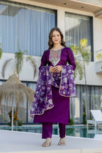 The52 Women's Gorgeous Embroidery Work Chanderi Cotton Fabric Straight Kurta Pant and Dupatta Set | Grocsy