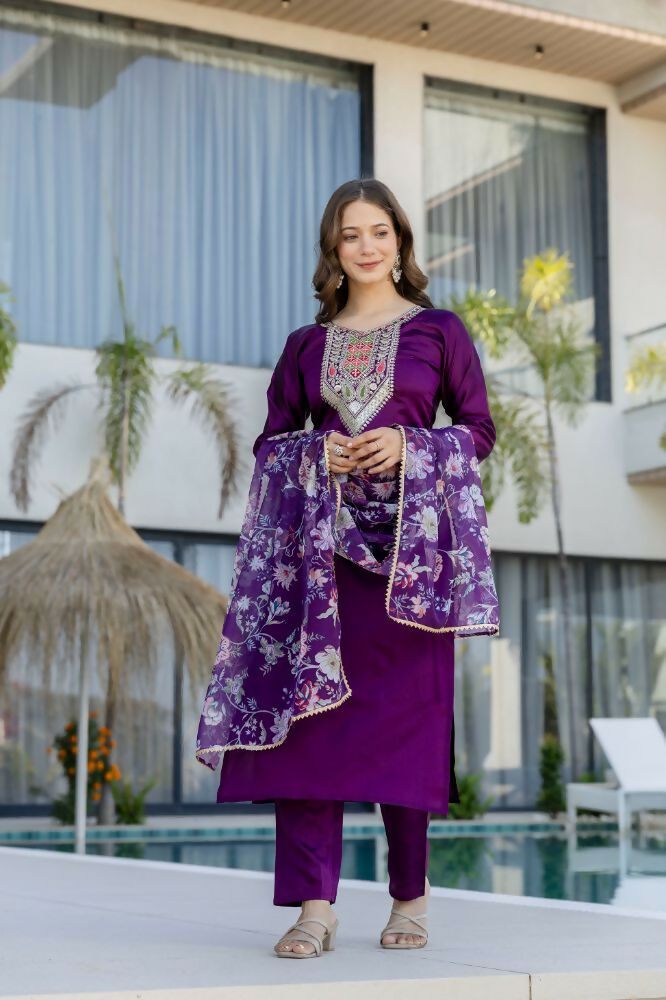 The52 Women's Gorgeous Embroidery Work Chanderi Cotton Fabric Straight Kurta Pant and Dupatta Set | Grocsy