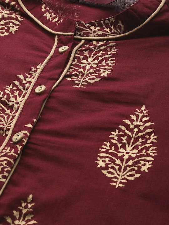 Women Maroon & Golden Pure Cotton Printed Kurta with Palazzos - Vishwa | Grocsy