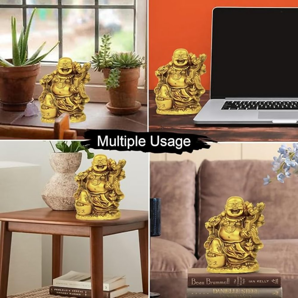 Tied Ribbons Decorative Good Plated Luck Laughing Buddha Idol Statue Showpiece | Grocsy