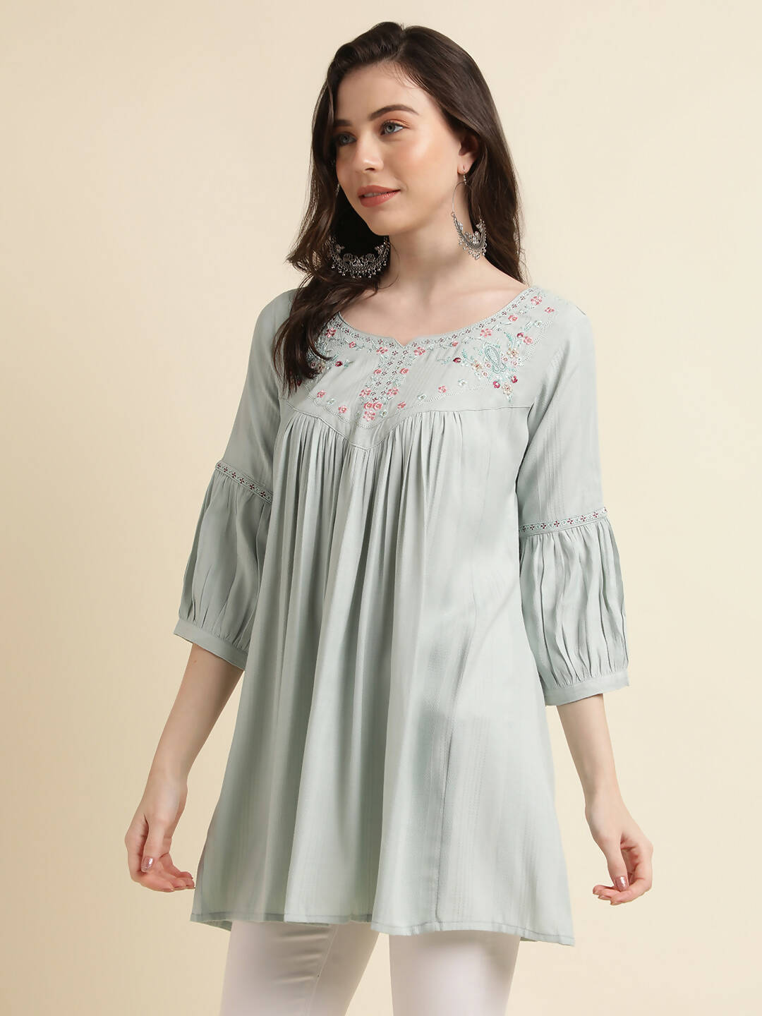 Light Blue Poly Cotton Yoke Embroidered A-line Top - Tarini | Grocsy