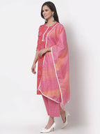 Myshka Women's Cotton Printed 3/4 Sleeve Round Neck Casual Pink Kurta Pant Dupatta Set | Grocsy