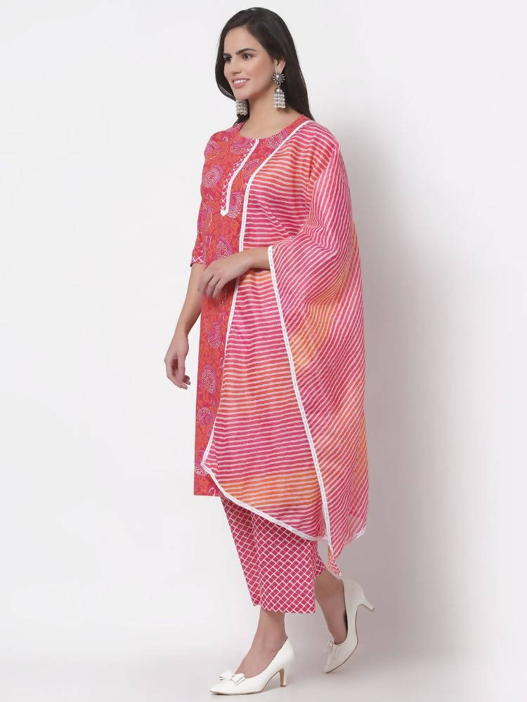 Myshka Women's Cotton Printed 3/4 Sleeve Round Neck Casual Pink Kurta Pant Dupatta Set | Grocsy