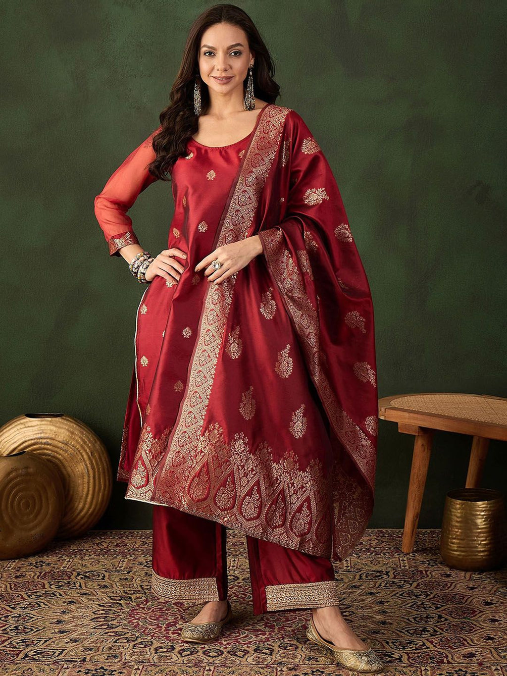 Sangria Woven Design Kurta & Palazzo With Dupatta | Grocsy