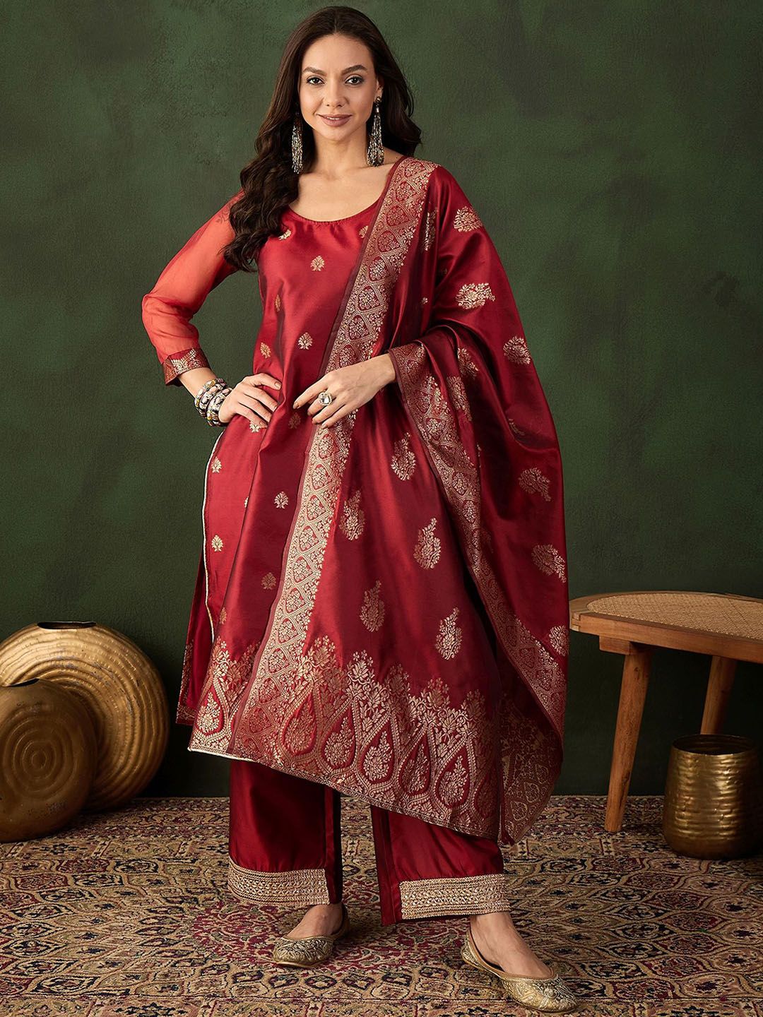 Sangria Woven Design Kurta & Palazzo With Dupatta | Grocsy