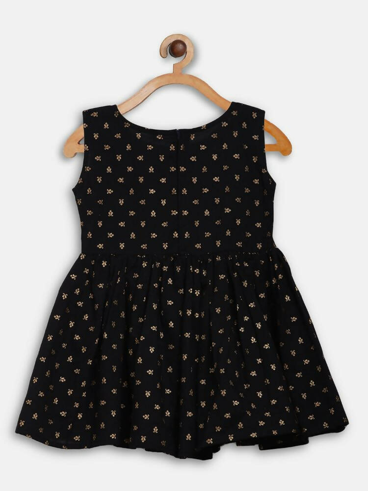 Ahalyaa Black Cotton Gold Print Kids Kurta Sharara Sets For Girls | Grocsy