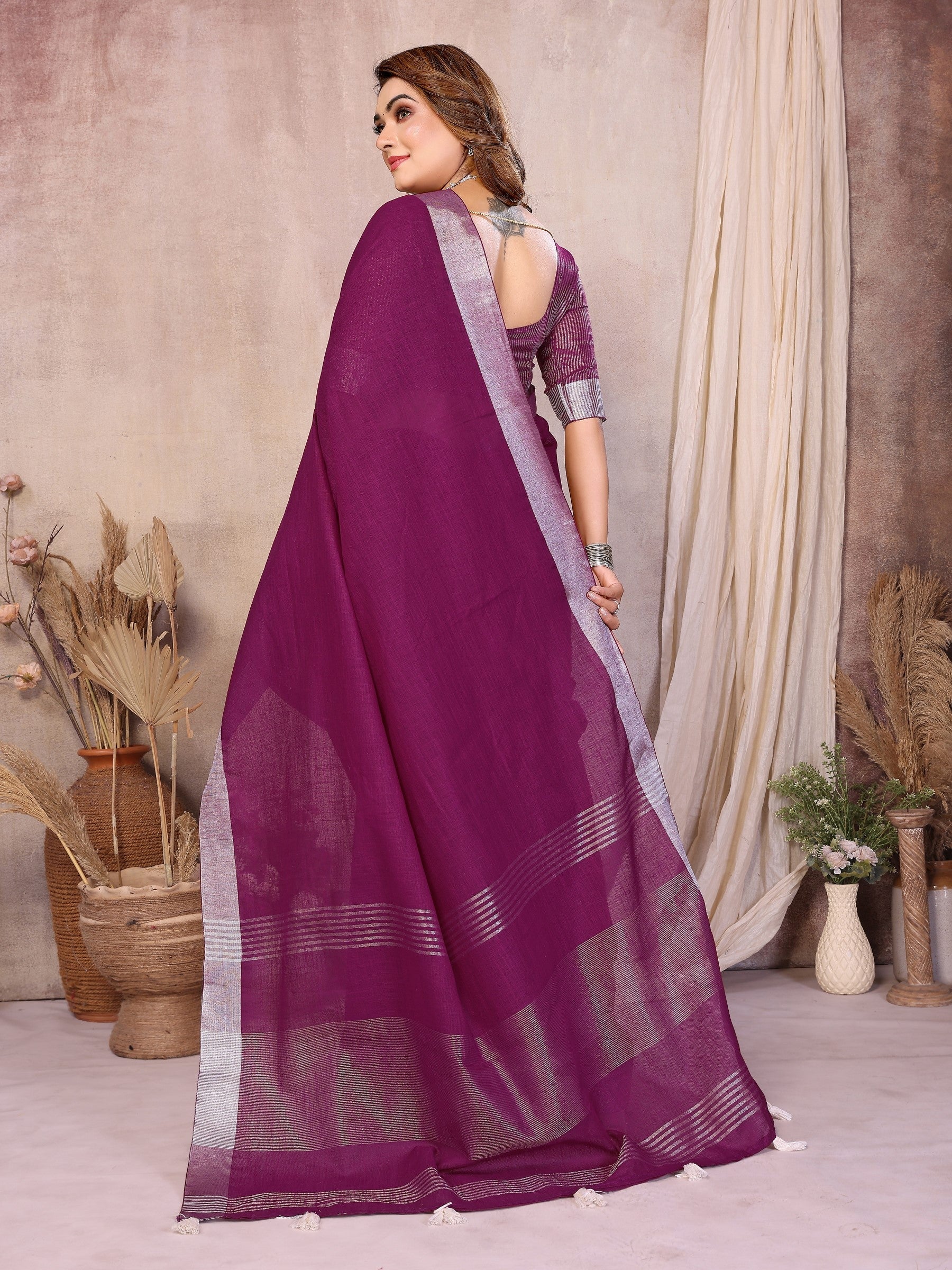 Anaita Purple Weaving Linen Cotton Saree With Blouse | Grocsy