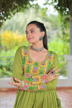 Vastranavya Green Pink Navratri Special Rayon Kutchi Gamthi Work Kurti | Grocsy