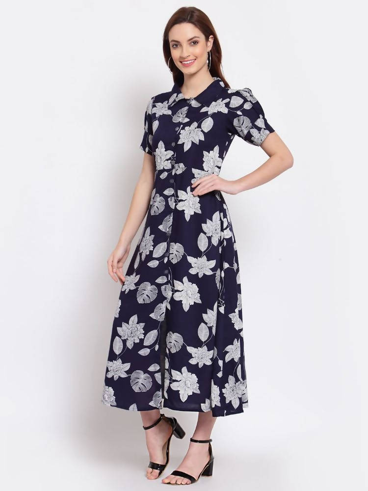 Myshka Women's Navy Blue Printed Cotton Short Sleeve Collar Neck Casual Dress | Grocsy