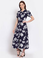 Myshka Women's Navy Blue Printed Cotton Short Sleeve Collar Neck Casual Dress | Grocsy