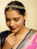 Gold-Polished White Kundan-Studded Pearl Beaded Hair Band - Ruby Raang | Grocsy