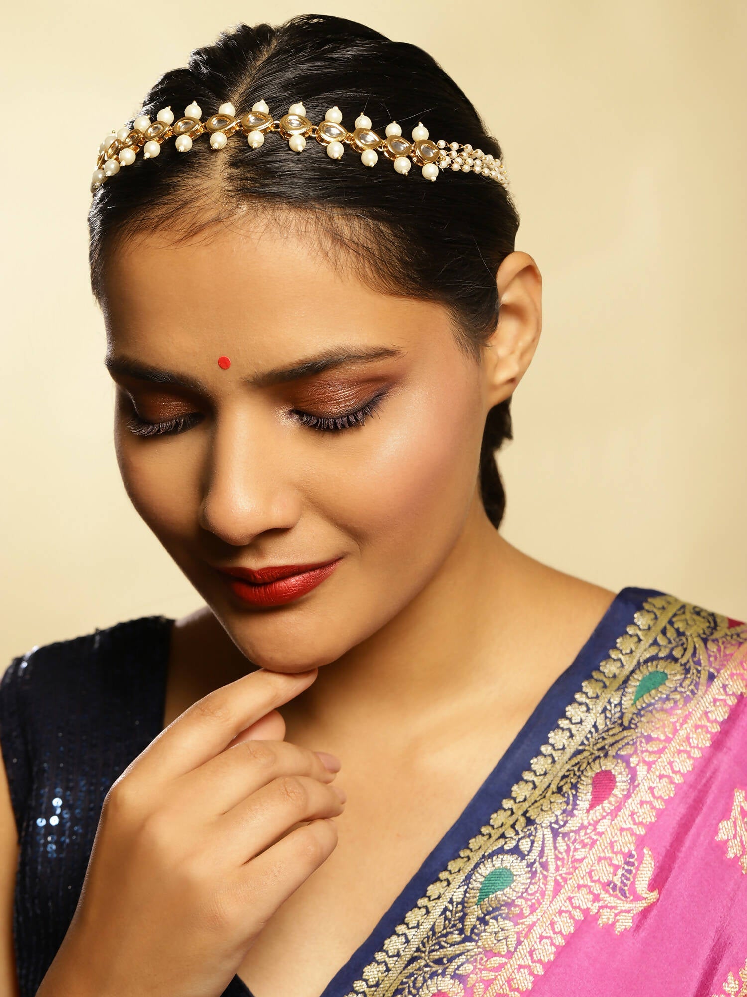 Gold-Polished White Kundan-Studded Pearl Beaded Hair Band - Ruby Raang | Grocsy
