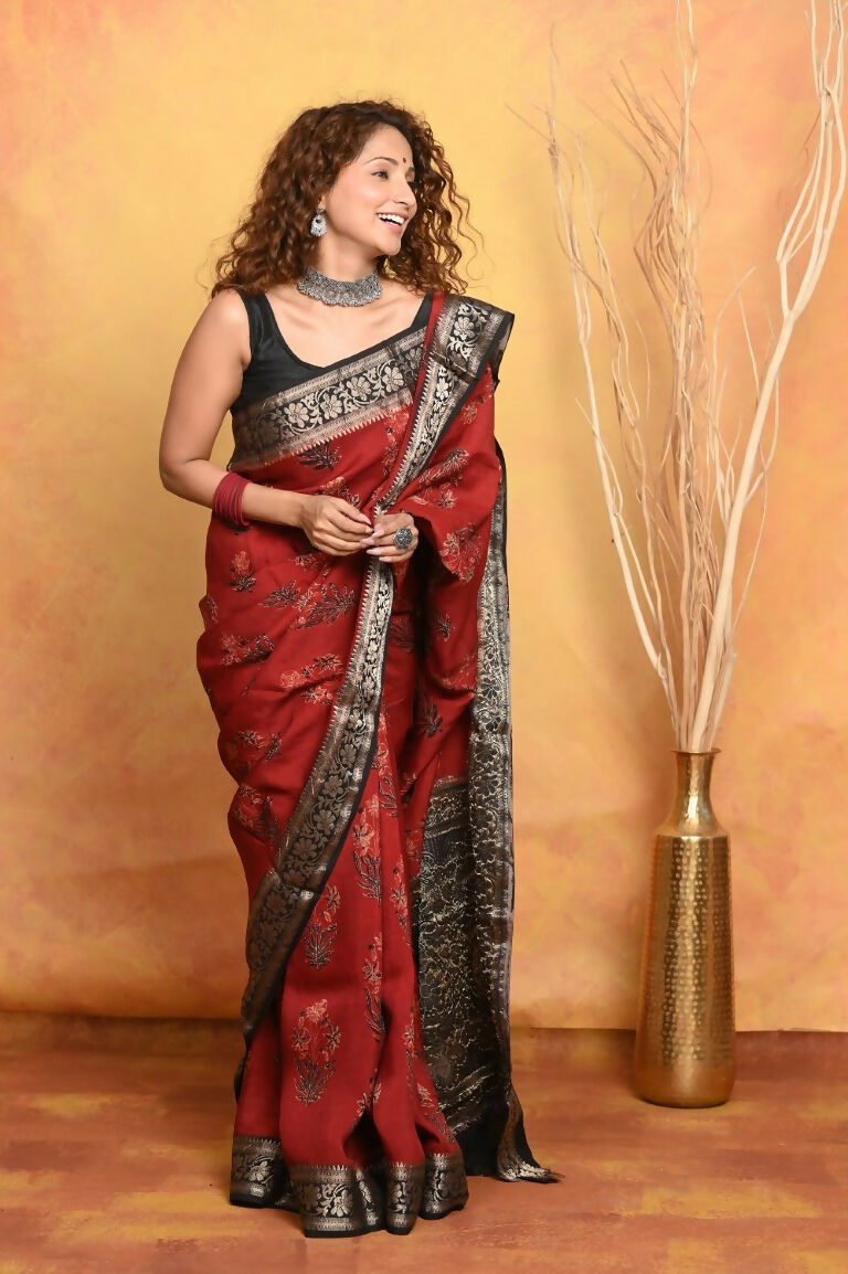 Very Much Indian Modal Silk Ajrakh Handblock Printed Natural Dyes With Designer Border Saree - Red | Grocsy