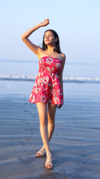 Noroke Linen Red Floral Mini Tiered Dress - Printed | Grocsy