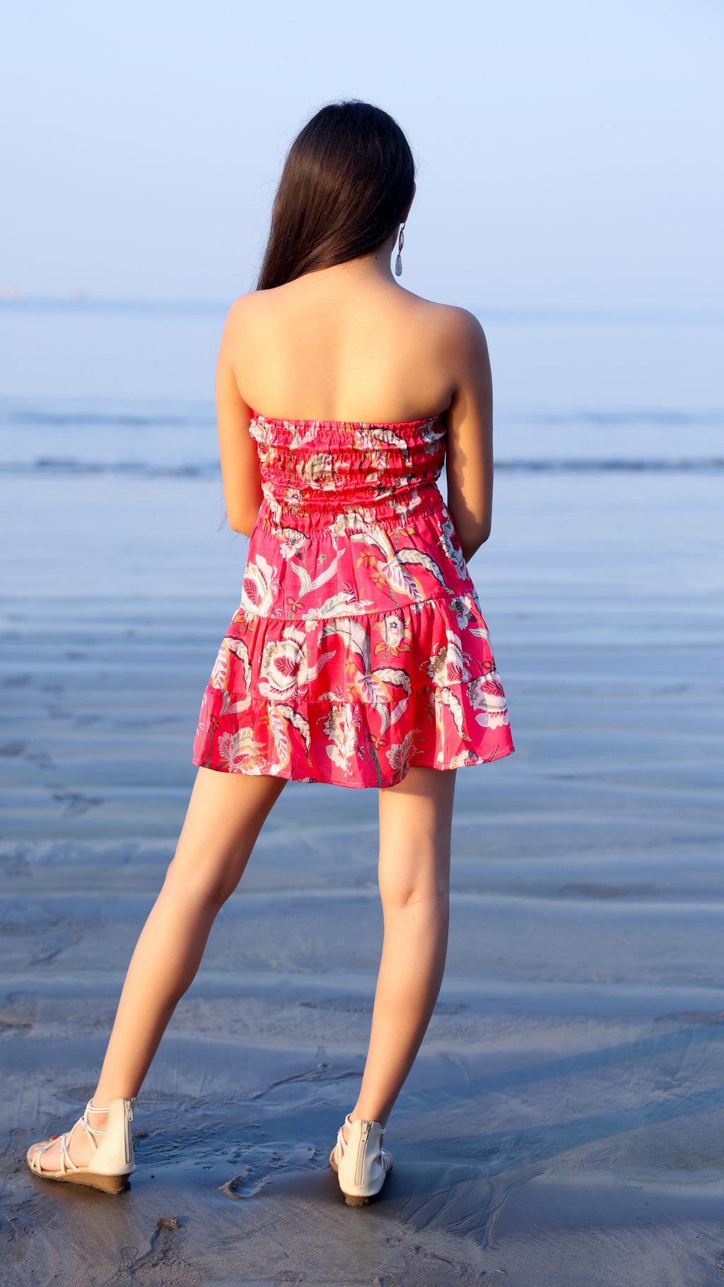 Noroke Linen Red Floral Mini Tiered Dress - Printed | Grocsy