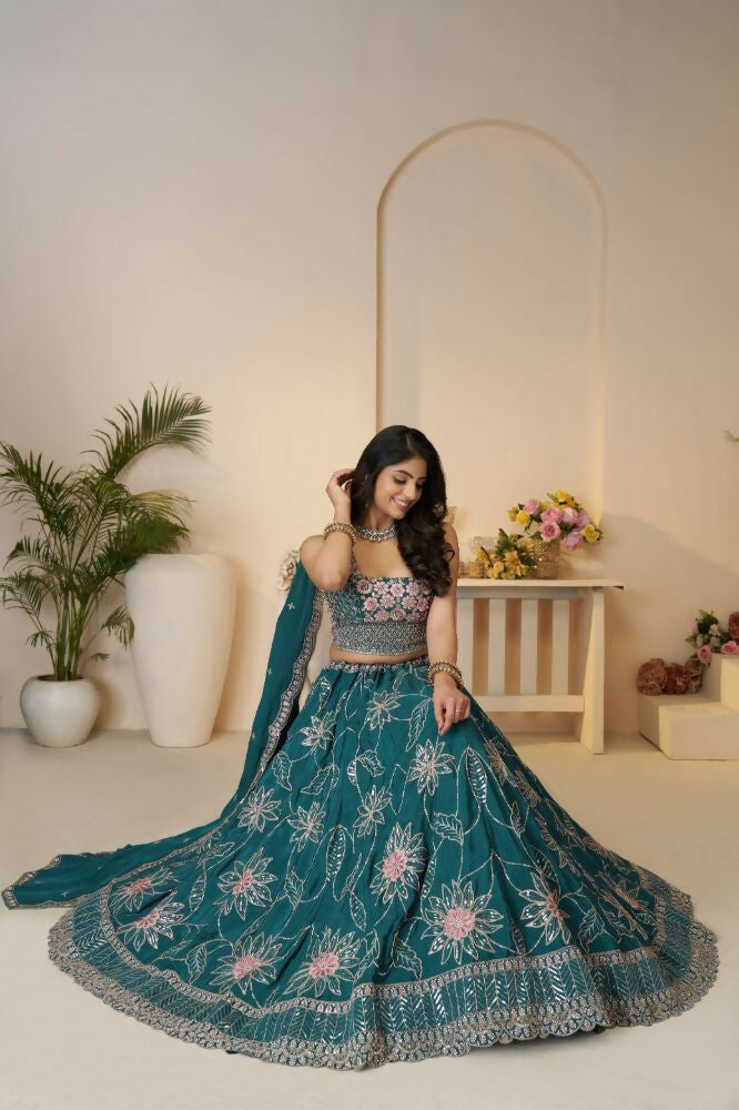 Kesar Fab Blue Silk Embroidered Lehenga | Grocsy