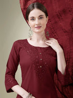 Jyoti Fashion Women's Maroon Cotton Blend Embroidery & Sequence work Kurta with Trouser & Dupatta | Grocsy