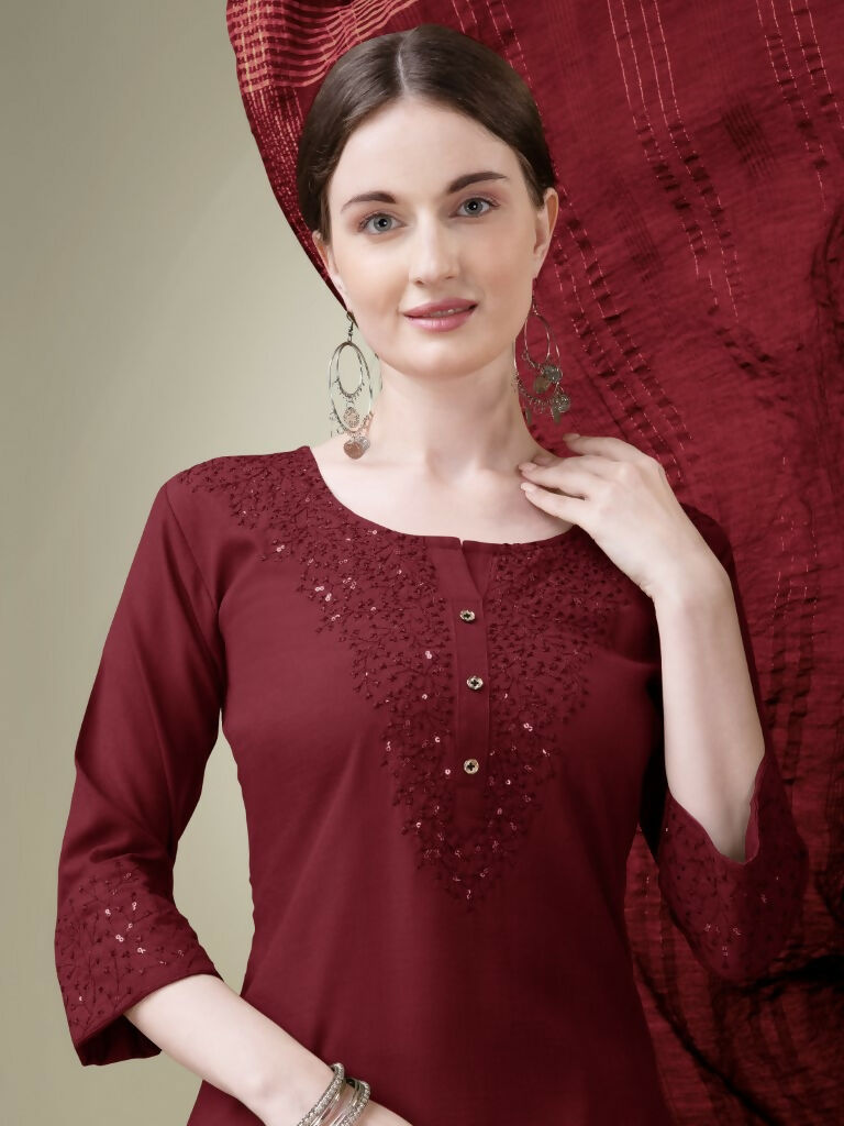 Jyoti Fashion Women's Maroon Cotton Blend Embroidery & Sequence work Kurta with Trouser & Dupatta | Grocsy